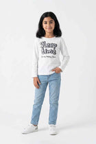 Girls white long-sleeve crewneck t-shirt with 'Sleep time' slogan print.