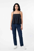 Black embroidered tank top with thin straps and gathered peplum hem on model