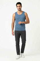 Men's navy activewear tank top with sleeveless crew neckline