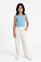 Girls' sky blue ribbed sleeveless tank top with crew neckline