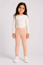 Light pink pull-on pants for baby girls with straight tapered legs and elastic waist