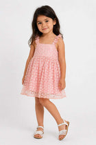 Pink sleeveless embroidered lace baby dress, gathered skirt, strap detail