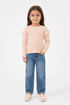Pink striped baby girl long-sleeve T-shirt with ruffle sleeves and scalloped hem