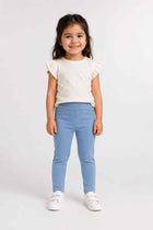 Light blue pull-on pants for baby girls, full length with elastic waist