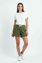 Women’s dark olive shorts with elastic waistband and white drawstring bow, full length