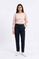 Pink satin blouse with puff sleeves and round neckline, long sleeves
