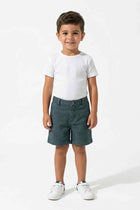 Baby boys' dark green shorts on model, front view with button waist