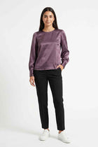 Purple satin puff-sleeve blouse with keyhole neckline
