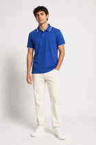 Men's royal blue structured-collar polo shirt with button placket and short sleeves