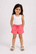 Pink baby girl shorts with elastic waistband and drawstring, front view