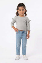 Baby girls striped ruffle T-shirt in grey melange, long sleeves