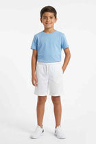 Boys knit shorts, white, front view with drawstring elastic waist and pockets.