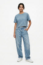 Women's cropped T-shirt in aqua blue, crew neck short sleeves
