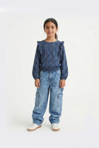 Girls printed ruffle top in dark blue with gathered balloon sleeves, elastic cuffs