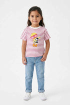 Girls' striped T-shirt with character graphic, white and red stripes