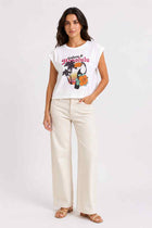 Women's white graphic T-shirt with colorful toucan and 'Honolulu' front print