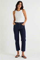 Women’s cropped straight jeans, dark rinse blue, front button and pockets, ankle length