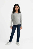 Girls grey melange ribbed long-sleeve T-shirt with crew neck, worn