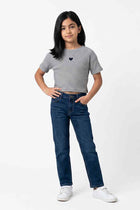 Girls grey melange ribbed T-shirt with small embroidered heart on the chest