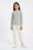 Light grey ribbed mock neck long-sleeve T-shirt on girl with cream pants