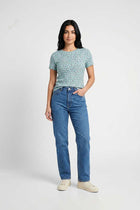 Sky blue printed women's T-shirt with short sleeves and floral pattern, crew neck