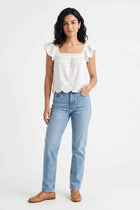 White embroidered ruffle blouse with cap sleeves and square neckline