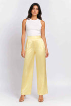 Yellow satin wide-leg trousers for women with high waist and straight drape