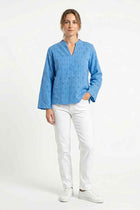 Embroidered blue women's blouse, V-neck with long sleeves and loose fit