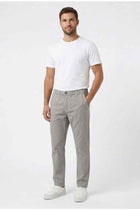 Men's grey elasticated regular-fit pants, full length front view, straight legs and side pockets
