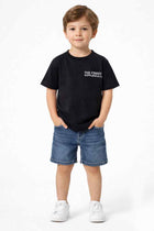Black boys T-shirt with small chest slogan print, crew neck