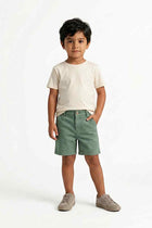 Baby boy’s sage khaki shorts, mid-length with front pockets and belt loops