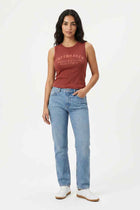 Women’s ribbed red tank top with front text and sleeveless crew neck
