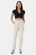 Women’s ecru chino trousers with button waist and straight legs