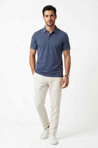 Men's navy melange polo shirt with button placket and ribbed trim