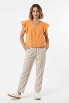 Mock orange embroidered blouse for women with ruffled flutter sleeves and button placket