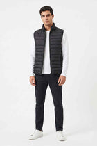 Black quilted puffer vest for men with stand collar and zip-front, front view