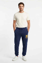 Men's navy embroidered jogger trousers, drawstring waist, cuffed hems