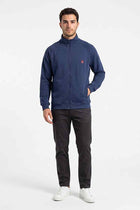 Men's navy zip-up sweatshirt jacket with full front zipper, stand collar, chest logo.