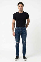 Men's slim-fit jeans, dark blue wash, distressed knees, five-pocket design