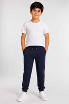 Boys navy drawstring jogger pants with gathered cuffs and front side seam