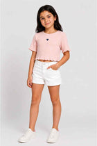 Girls coral ribbed T-shirt with heart embroidery, striped knit and scalloped hem