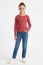 Girls red ribbed long-sleeve T-shirt, crew neck, slightly scalloped hem