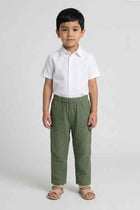 Green textured pull-on pants for baby boys, front view, elastic waistband