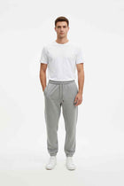 Men's heather grey jogger trousers, drawstring waist, tapered ankle cuffs