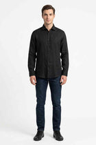 Black men’s button-down shirt, long sleeves, front view with button placket and collar