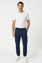 Navy cargo jogger pants for men with elastic cuffs and drawstring waist