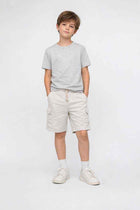 Boys' ecru cargo shorts with drawstring waist and side cargo pockets, knee length