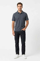 Men's navy melange polo shirt, short sleeves, button placket, ribbed collar