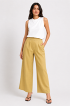Women’s pleated straight-fit trousers, mustard yellow wide-leg with front crease pleats