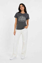 Women’s charcoal slogan print T-shirt with crew neck and short sleeves